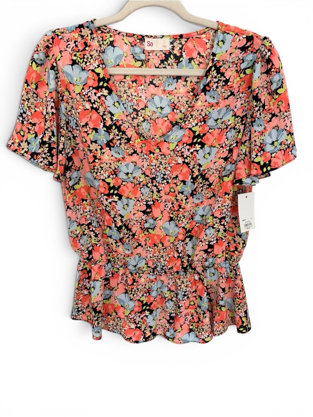 SO Floral V-Neck Peplum Blouse in Coral, Light Blue & Black Size L